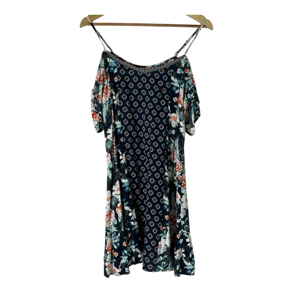 Xhilaration Cold-Shoulder Sundress Navy Blue/Floral Ruffle Hem